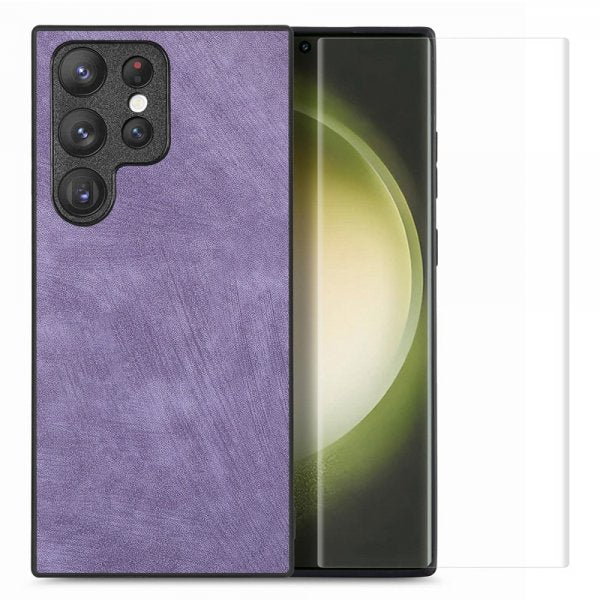 ENKAY Samsung Galaxy S23 Ultra Deksel med Skjermbeskytter Skinntekstur Lilla