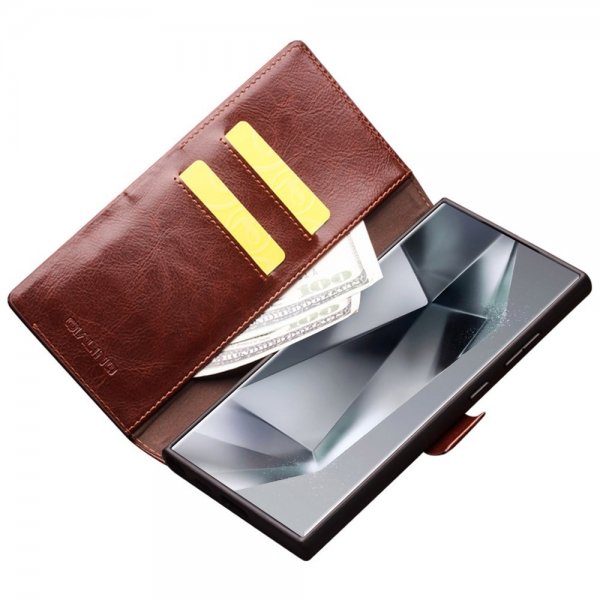 Qialino Samsung Galaxy S24 Ultra Etui Ekte skinn Kortlommer Brun