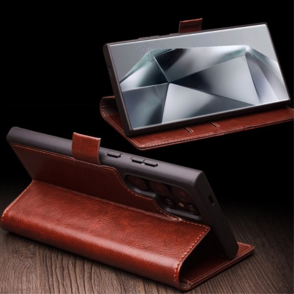Qialino Samsung Galaxy S24 Ultra Etui Ekte skinn Kortlommer Brun