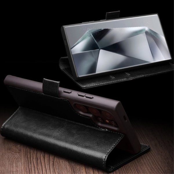 Qialino Samsung Galaxy S24 Ultra Etui Ekte skinn Kortlommer Svart