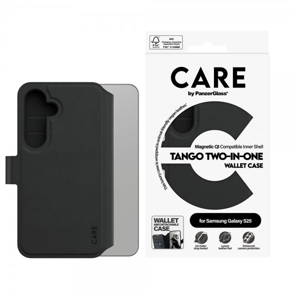 CARE by PanzerGlass Samsung Galaxy S25 Etui Tango Two-in-One Wallet MagSafe Svart