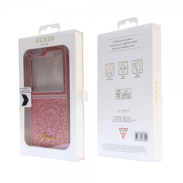 Guess Samsung Galaxy Z Flip 5 Deksel Glitter Flakes Metal Logo Rosa
