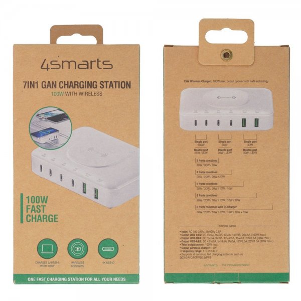 4smarts Skrivebord Lader 7in1 GaN 100W med Trådløs lading Hvit