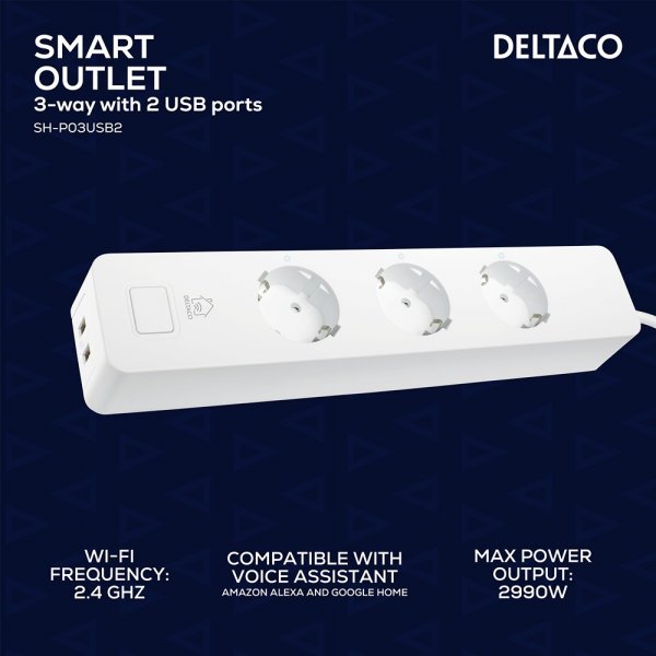 Deltaco Smart Home Smart WiFi strømuttak 3xCEE 7/3 & 2xUSB-A 1.5m