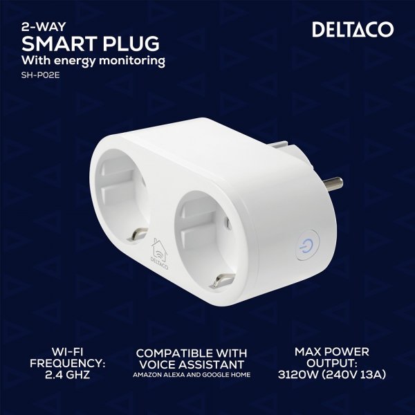 Deltaco Smart Home Smart plugg med doble stikkontakter og energiovervåking.
