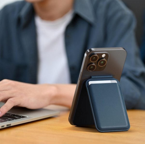 Satechi Kortholder Vegan-Leather Magnetic Wallet Stand Mørkeblå