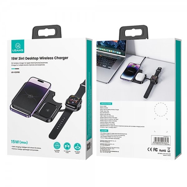 USAMS Trådløs lader 15W 3in1 Desktop Wireless Charger