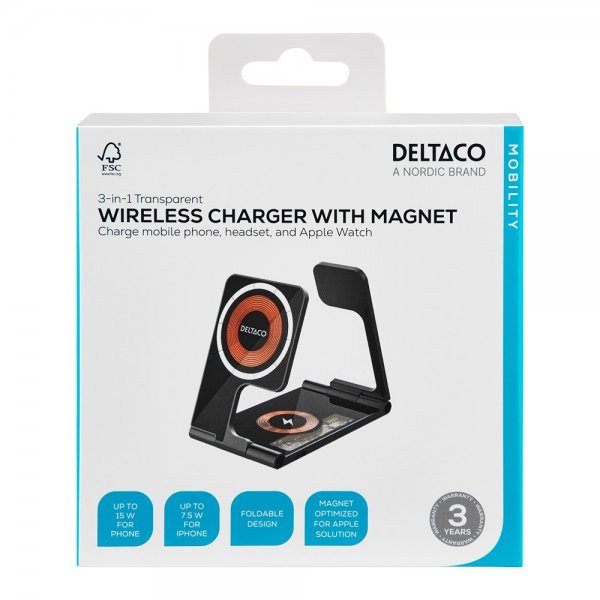 Deltaco Trådløs lader 3-in-1 Transparent Foldable MagSafe