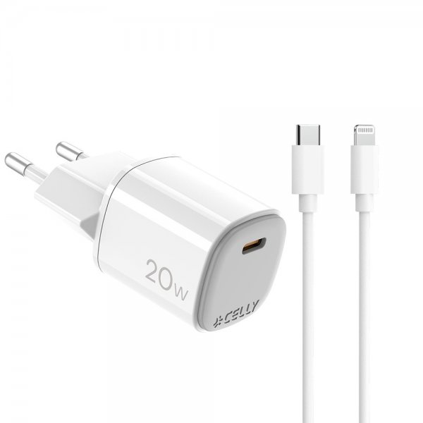 Celly 20W GaN USB-C Vegglader med Lightning-kabel