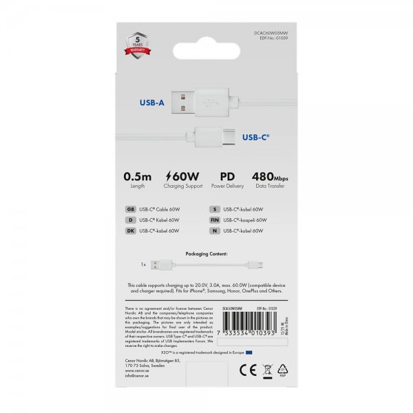 X2O USB-A til USB-C Kabel Basic 60W 0.5m Hvit