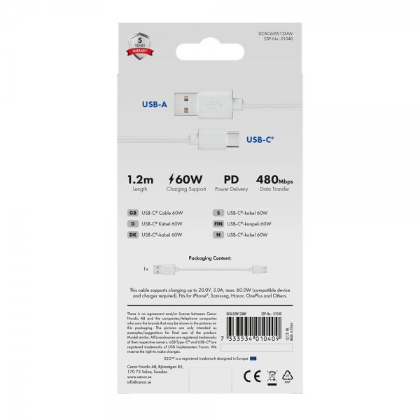 X2O USB-A til USB-C Kabel Basic 60W 1.2m Hvit