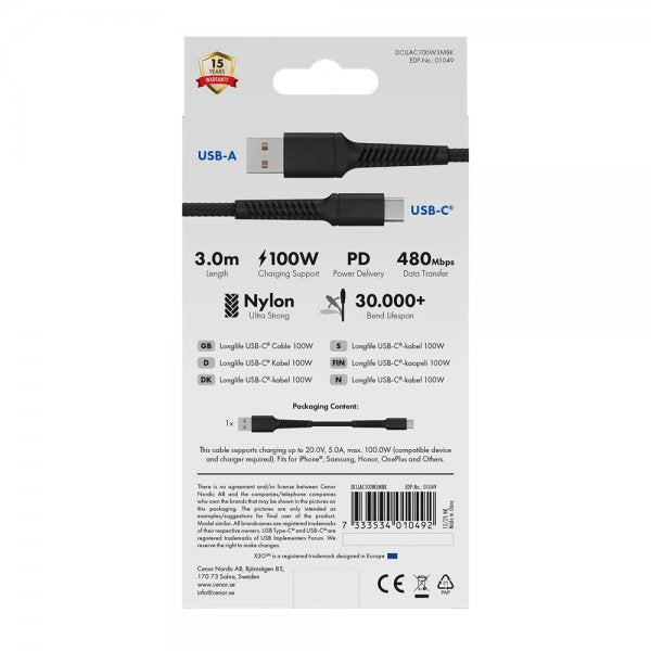 X2O USB-A til USB-C Kabel Longlife 60W 3m Svart