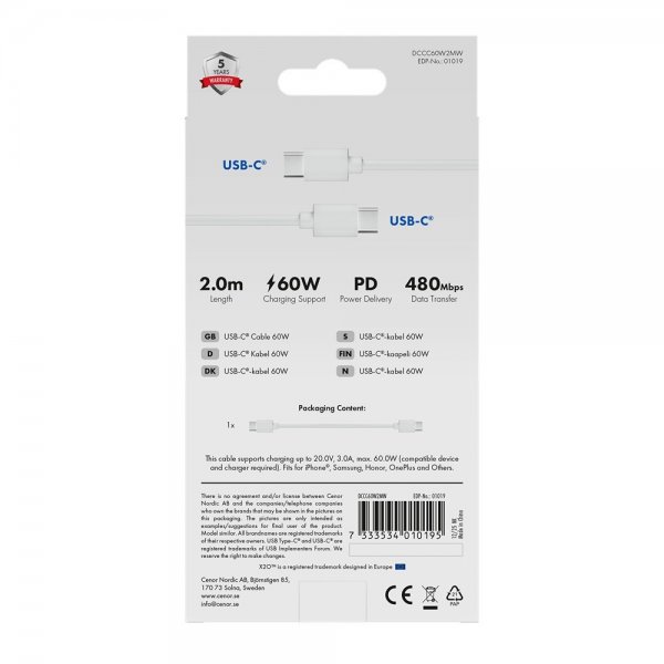 X2O USB-C til USB-C Kabel Basic 60W 2m Hvit