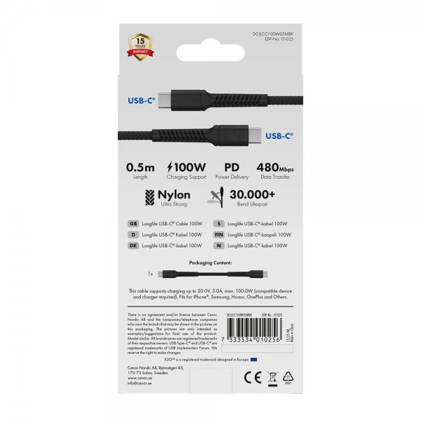 X2O USB-C til USB-C Kabel Longlife 100W 0.5m Svart
