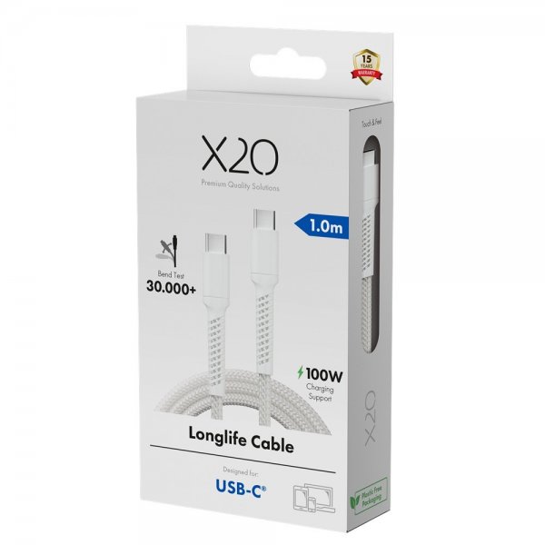 X2O USB-C til USB-C Kabel Longlife 100W 1m Hvit