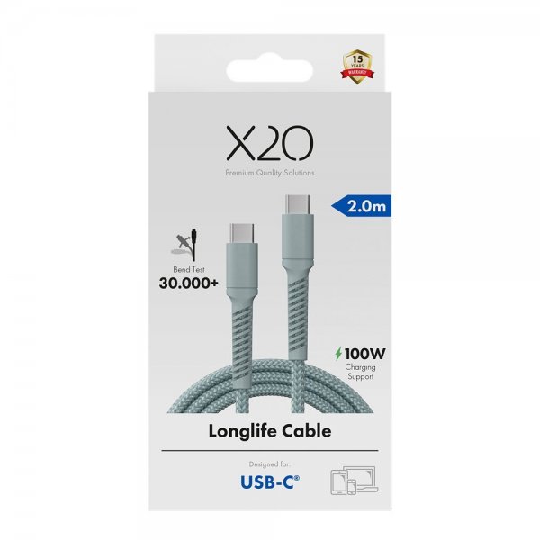 X2O USB-C til USB-C Kabel Longlife 100W 2m Blå
