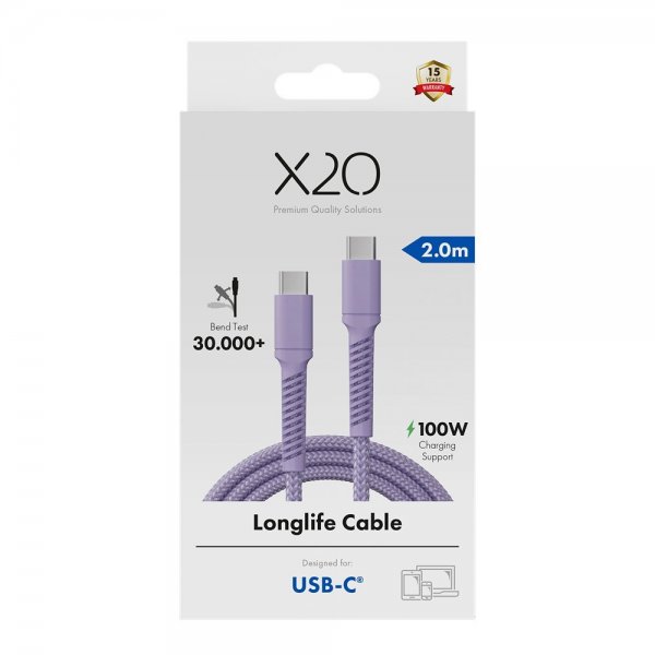 X2O USB-C til USB-C Kabel Longlife 100W 2m Lilla