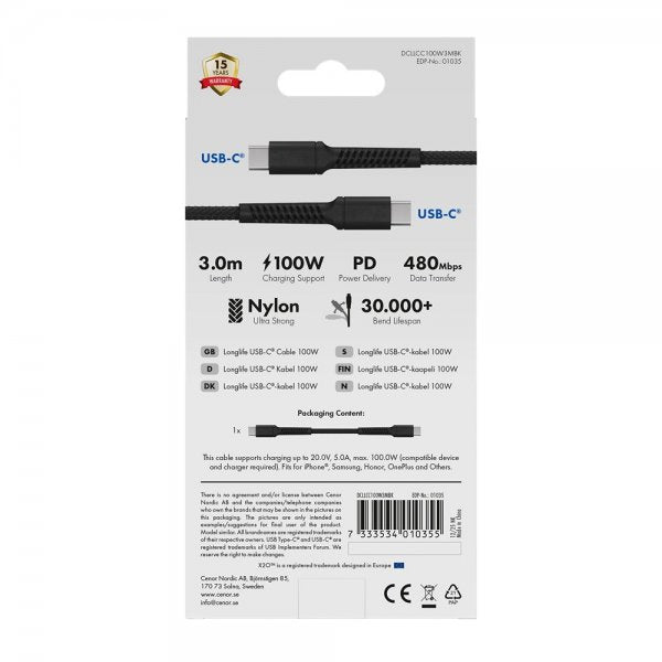 X2O USB-C til USB-C Kabel Longlife 100W 3m Svart