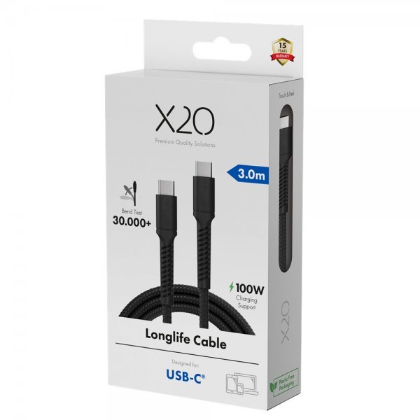 X2O USB-C til USB-C Kabel Longlife 100W 3m Svart