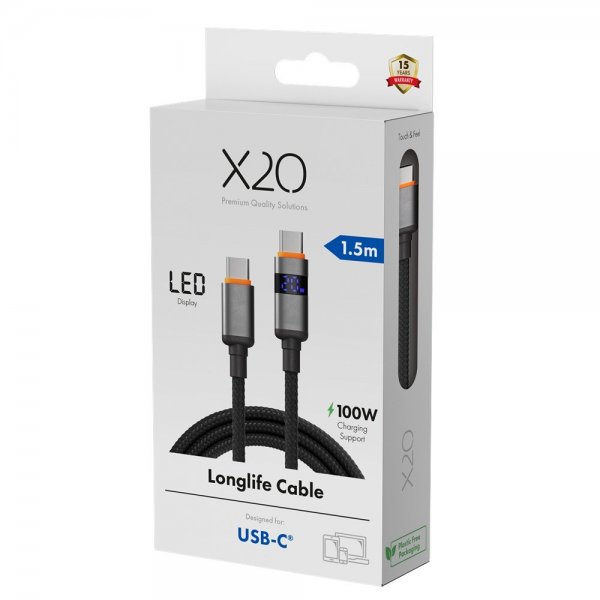 X2O USB-C til USB-C Kabel Longlife LED Display 100W 1.5m Svart