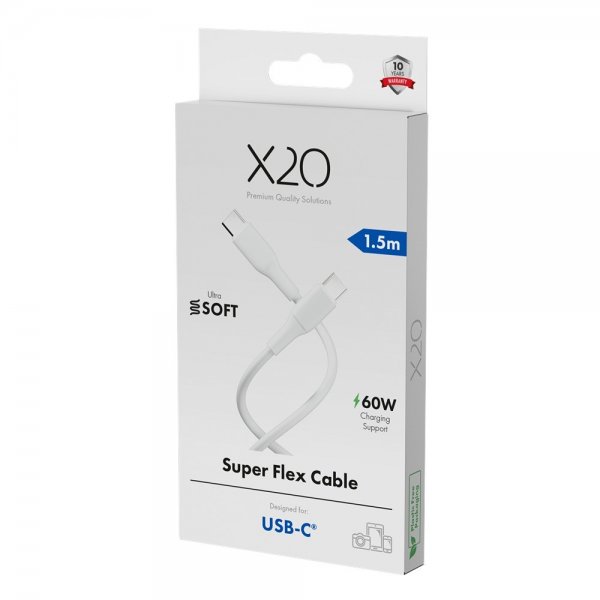 X2O USB-C til USB-C Kabel Superflex 60W 1.5m Hvit