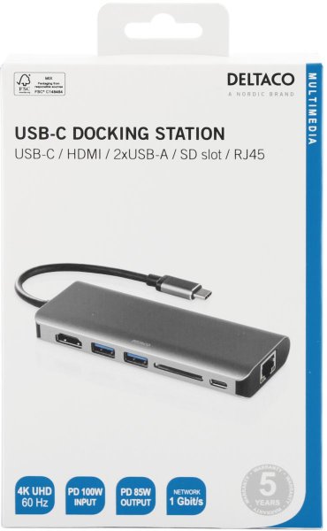 Deltaco Dockingstation USB-C med HDMI/RJ45/USB-A Rymdgrå