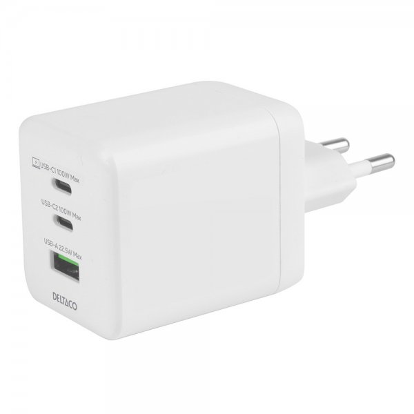 Deltaco Vegg Lader GaN 1x USB-A 2x USB-C PPS 100W