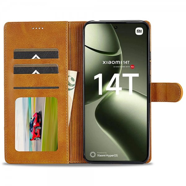 Lc.Imeeke Xiaomi 14T Etui med Kortlomme stativfunksjon Lysebrun