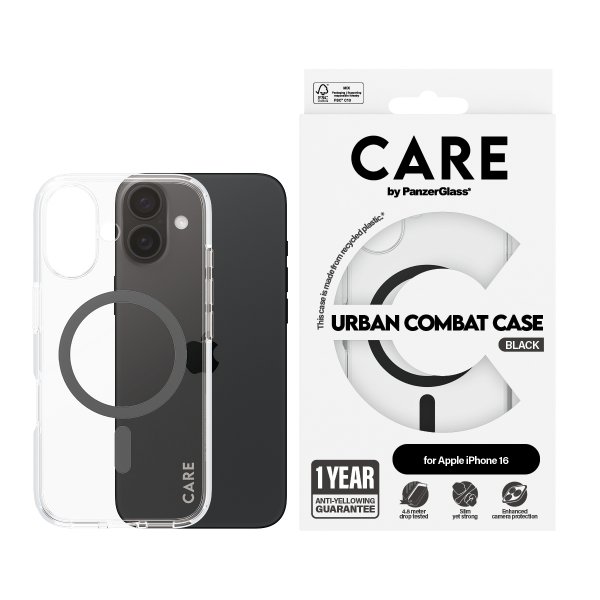 CARE by PanzerGlass iPhone 16 Deksel Urban Combat MagSafe Svart Transparent