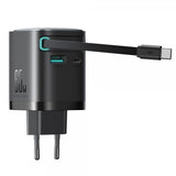 Joyroom 65W vegglader med innebygd USB-kabel og USB-A/USB-C-porter svart