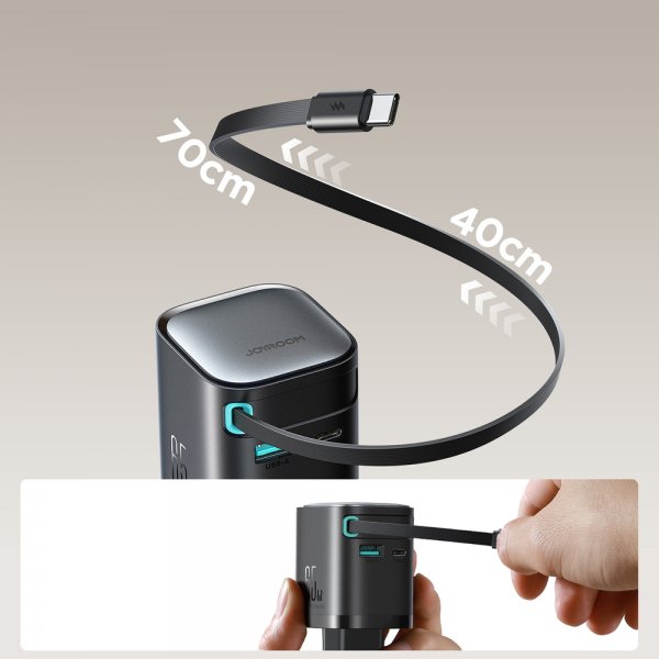 Joyroom 65W vegglader med innebygd USB-kabel og USB-A/USB-C-porter svart