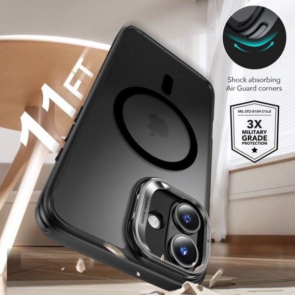 ESR iPhone 16 Deksel og Skjermbeskytter Classic Hybrid Kickstand MagSafe Set Frostet Svart