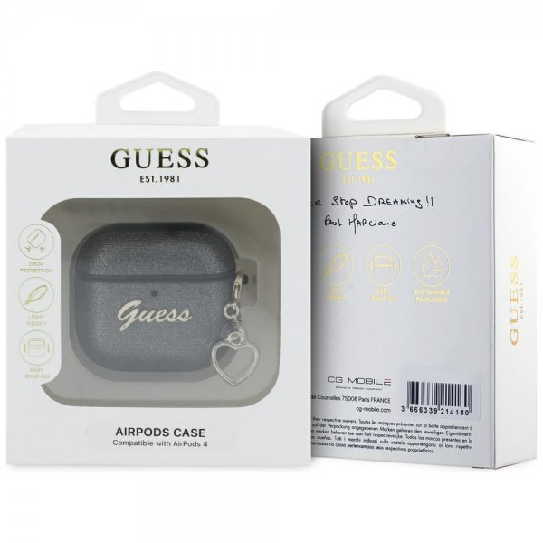 Guess AirPods 4 Deksel Metallic Script Charm Svart