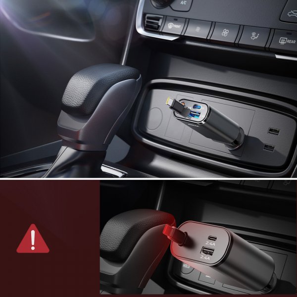 Joyroom 65W billader med innebygd USB-kabel og USB-A/USB-C-porter grå