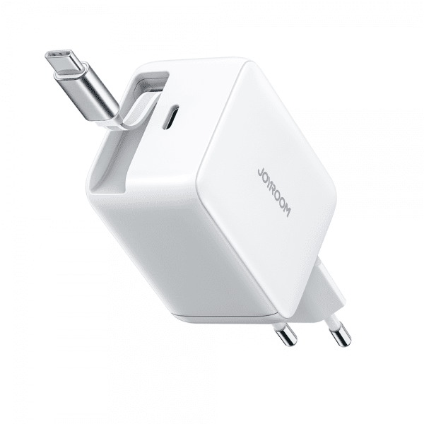 Joyroom 67W vegglader med innebygd USB-kabel og USB-C-port hvit
