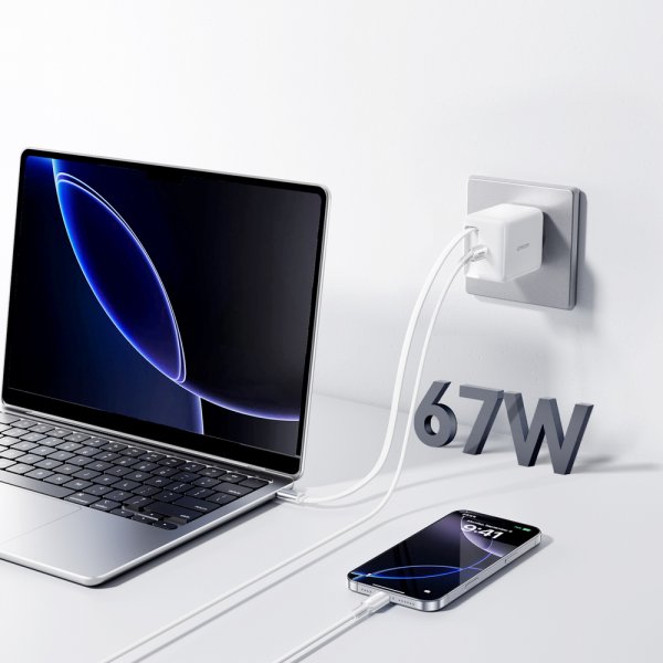 Joyroom 67W vegglader med innebygd USB-kabel og USB-C-port hvit