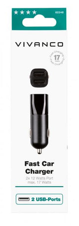 Vivanco Mobillader til bil Fast Car Charger 2xUSB-A 17W Svart