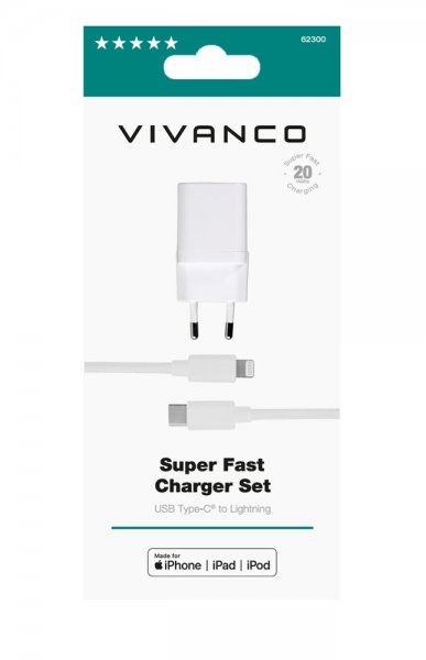Vivanco Lader med Kabel Super Fast Charger Set USB-C/Lightning 20W 1.2m Hvit