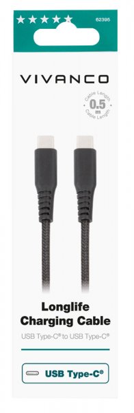 Vivanco Kabel Longlife Braided USB-C/USB-C 0.5m Svart