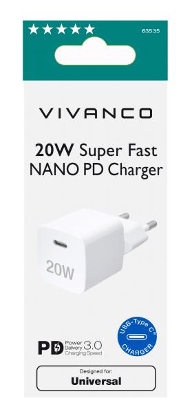 Vivanco Lader 20W Super Fast NANO PD Charger Hvit