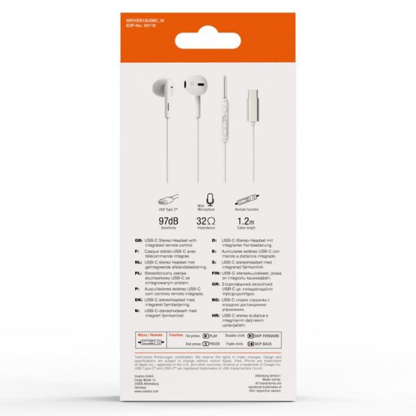 Vivanco Hodetelefoner Smart Pro USB-C In-Ear Headset Hvit