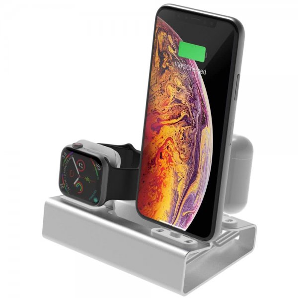 3-i-1 Holder för iPhone. Apple Watch och AirPods Sølv