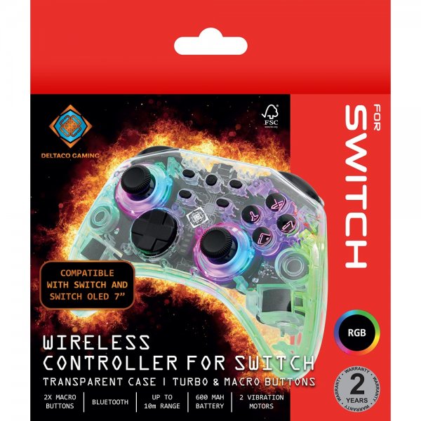 Deltaco Gaming Transparent Wireless Controller for Switch with RGB