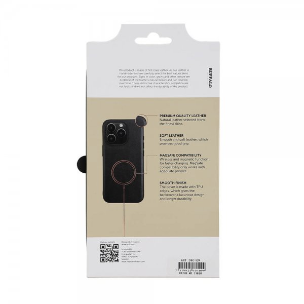 Buffalo iPhone 15 Pro Deksel Ekte skinn MagSeries Svart