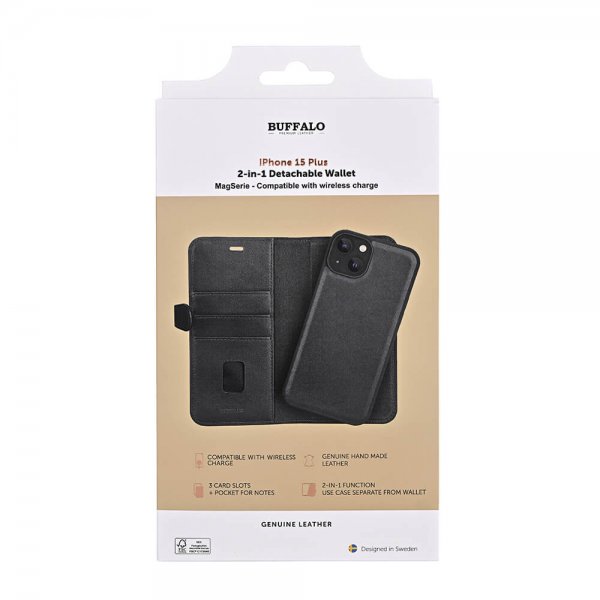 Buffalo iPhone 15 Plus Etui 3 Kortlomme Avtakbart deksel MagSeries Svart