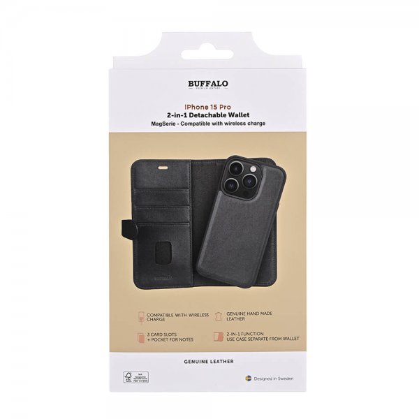 Buffalo iPhone 15 Pro Etui 3 Kortlomme Avtakbart deksel MagSeries Svart