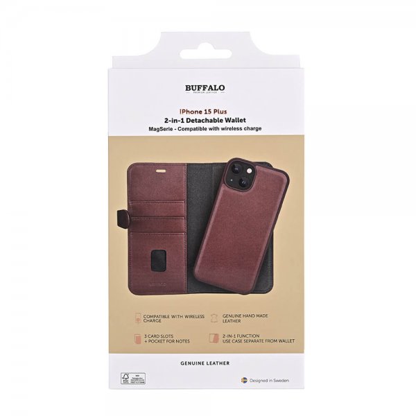 Buffalo iPhone 15 Plus Etui 3 Kortlomme Avtakbart deksel MagSeries Brun