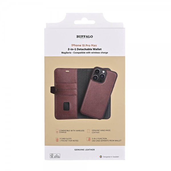 Buffalo iPhone 15 Pro Max Etui 3 Kortlomme Avtakbart deksel MagSeries Brun