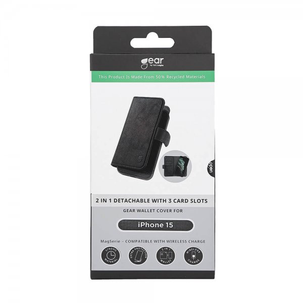 Gear iPhone 15 Etui 3 Kortlomme Avtakbart deksel MagSeries Svart