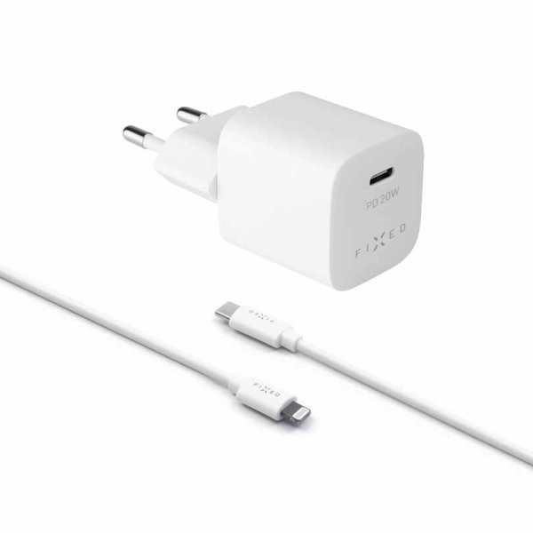 Fixed Lader med Kabel Mini PD Travel Charger Kit USB-C/Lightning 20W Hvit